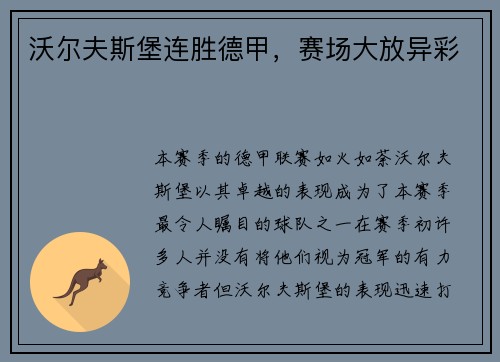 沃尔夫斯堡连胜德甲，赛场大放异彩