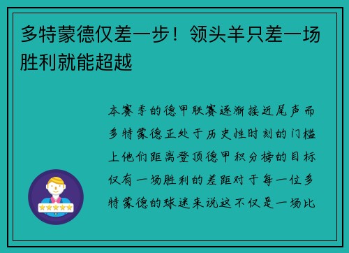 多特蒙德仅差一步！领头羊只差一场胜利就能超越