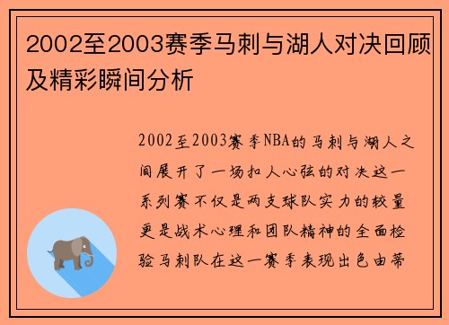 2002至2003赛季马刺与湖人对决回顾及精彩瞬间分析