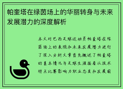 帕奎塔在绿茵场上的华丽转身与未来发展潜力的深度解析
