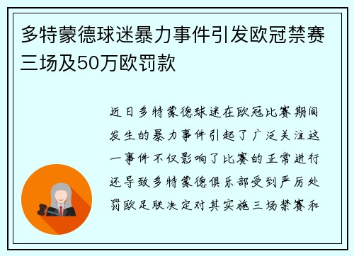 多特蒙德球迷暴力事件引发欧冠禁赛三场及50万欧罚款