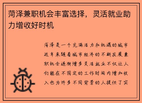 菏泽兼职机会丰富选择，灵活就业助力增收好时机