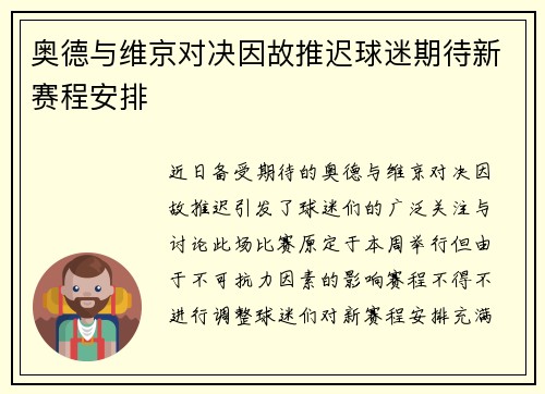 奥德与维京对决因故推迟球迷期待新赛程安排
