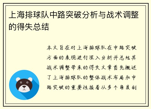 上海排球队中路突破分析与战术调整的得失总结