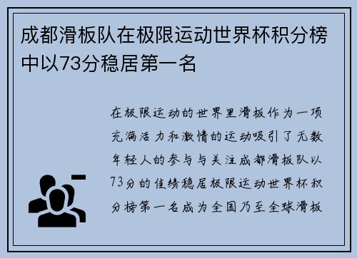 成都滑板队在极限运动世界杯积分榜中以73分稳居第一名